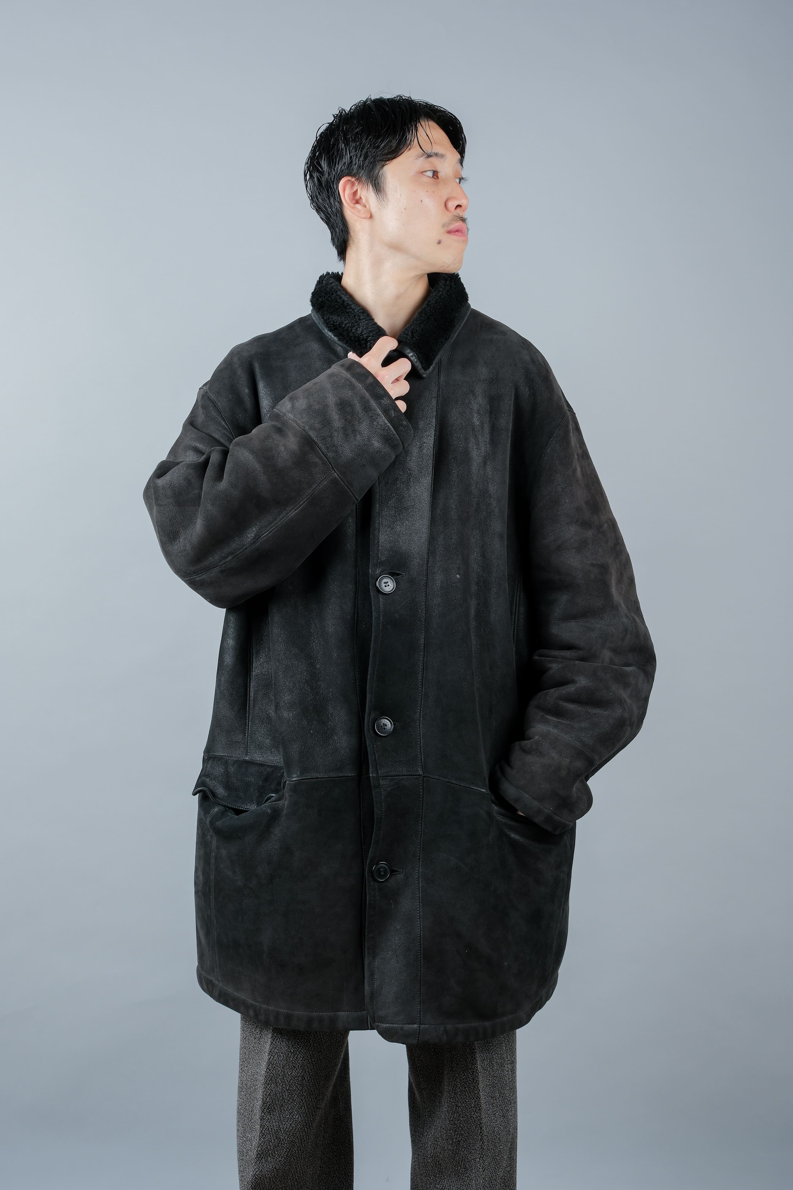 90's】Old SERAPHIN Black Leather Mouton Half Coat Size.54