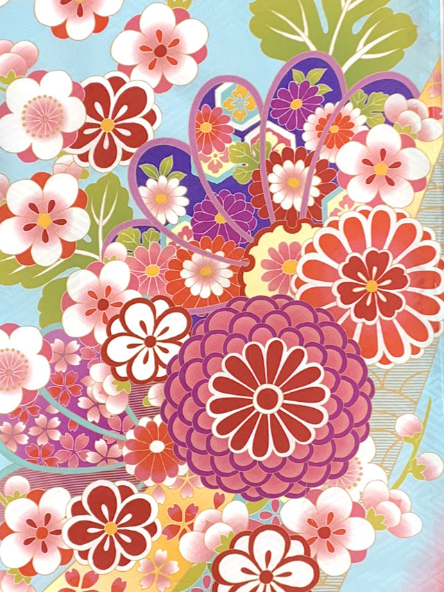 七五三 着物 7歳 絵羽柄の古典柄の四つ身の子供着物(合繊) 単品【水色