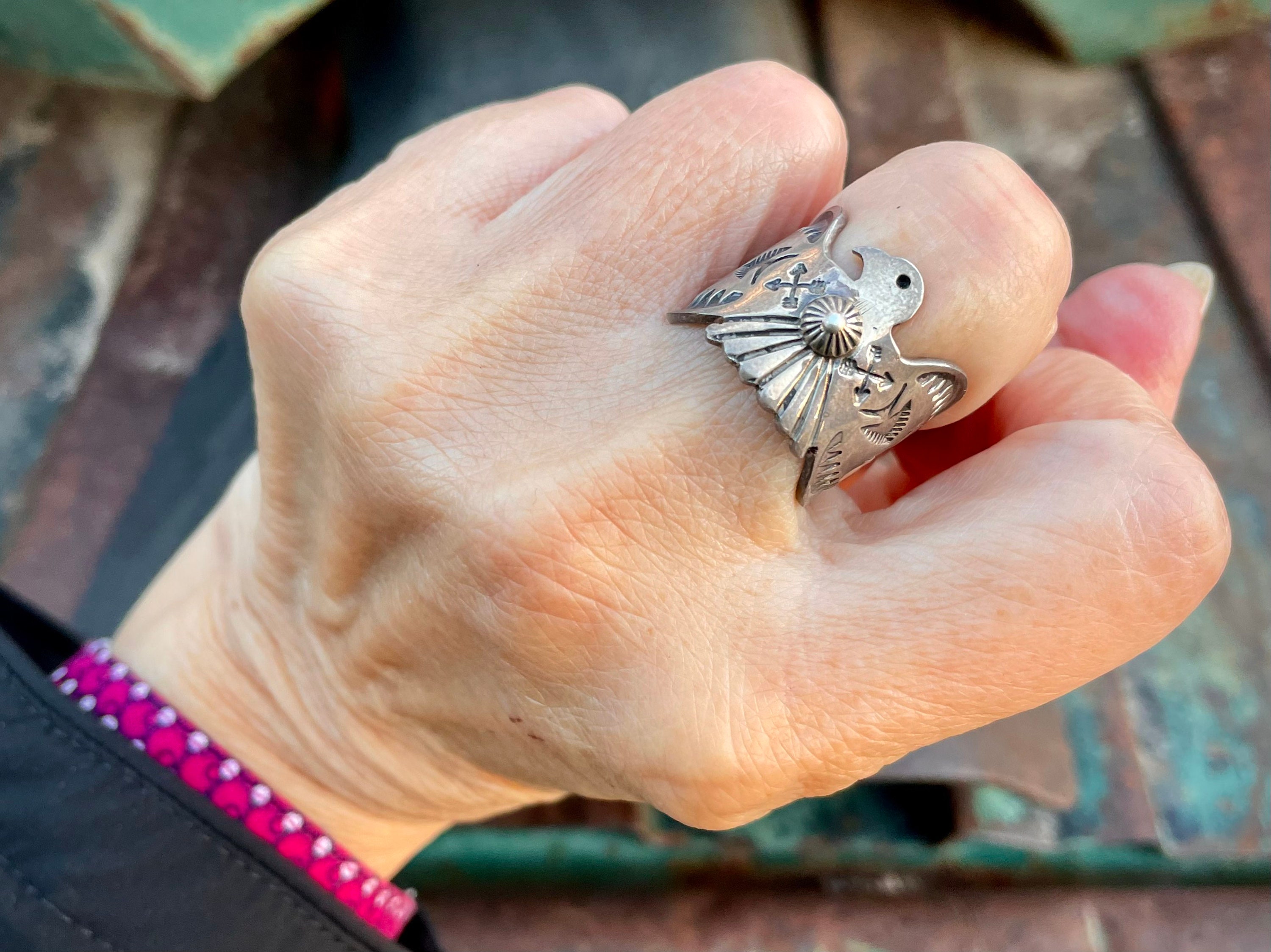 Navajo Sunshine Reeves Stamped Sterling Silver Thunderbird Band
