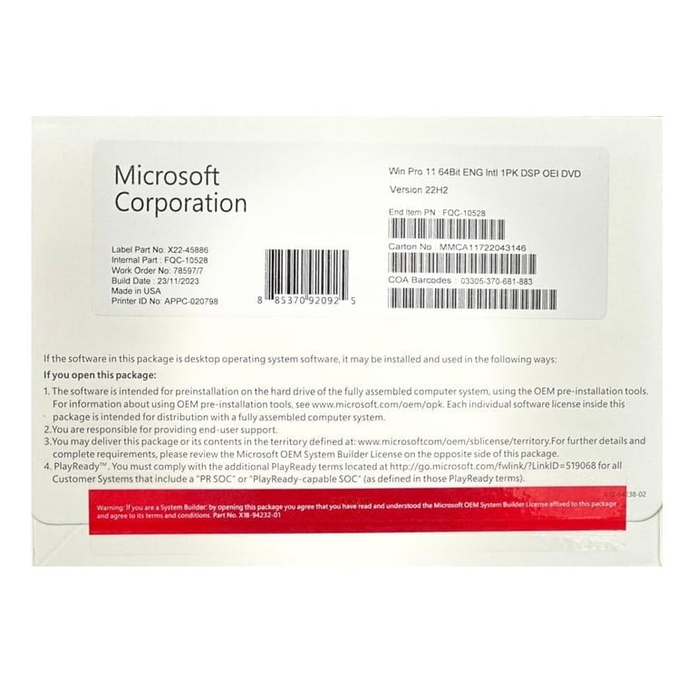 Microsoft Windows 11 Pro 64-Bit DVD, 1 User, Advanced Security and